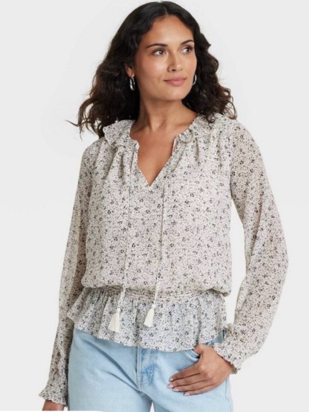 Universal Thread Women's Long Sleeve Blouse Cream Floral L